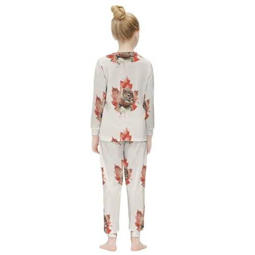Canada Maple Leaf SquirrelGirls Pajamas, Long-sleeved Casual Pajamas And Home Clothes7-9Y（120cm）4