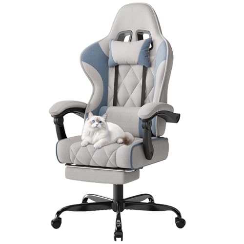 Devoko Silla Gaming Ergonómica de Tela Transpirable con Masaje Lumbar y Reposapiés Retráctil, Silla Gamer Reclinable con Muelles Ensacados y Espuma Viscoelástica, Base Metálica, 150 kg, Azul Grisáceo