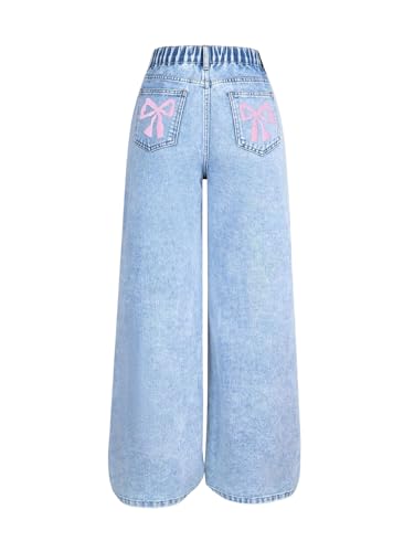 WDIRARA Girl's Bow Print Baggy Jeans Wide Leg Y2k Elastic High Waist Denim Pants