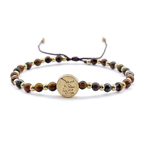 CRUZONE St Michael Archanel Coin and Natural Round White Turquoise Beads Adjustable Bracelet for Women (Brown Tiger Eye)