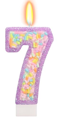 ElekFX Number 7 Birthday Candle with Sprinkles Pastel Purple Unicorn Rainbow Cake Topper Sweet Candyland Party Decorations for Girl Boy 7th Birthday