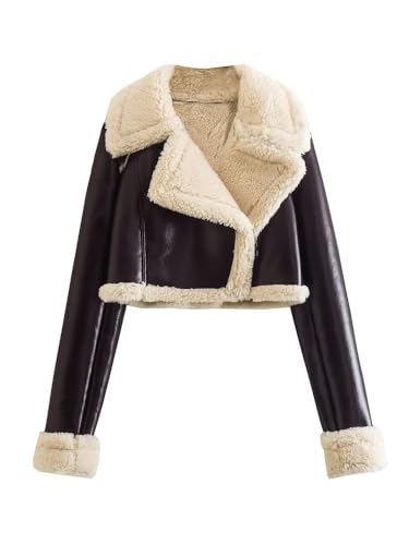 utcoco Womens Leather Jacket Faux Fur Moto Jacket Winter Trench Coat Cropped Shearling Jacket (X-Large Dark Coffee)