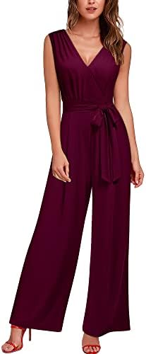 Knitee Women's Sleeveless Deep V Neck Ruched Wide Leg Jumpsuit Lo...