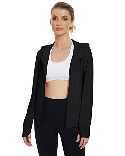 Gacaky Women's UPF 50+ Sun Protection Lightweight Full Zip Hoodie Jacket Long Sleeve Hiking Performance Shirt with Pockets Black XS