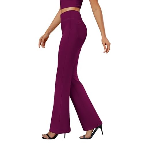 Womens Bootcut Dress Pants Business Casual Work Pants with Pockets High Waist Stretchy Trousers Pull On Office Slacks Berry XX-Large
