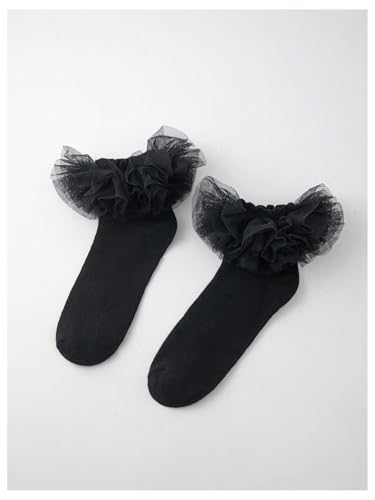 OYOANGLE Women's 1 Pair Mesh Ruffle Frilly Socks Lace Trim Princess Soft Lightweight Knit Ankle Socks3