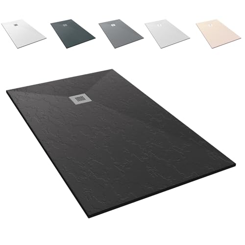NEBADOON | Plato de Ducha de Modelo Roma – Plato Ducha Resina con Textura Pizarra y capa de Gel Coat – Antideslizante y Resistente – Negro (RAL 9005) 80x190 cm – Incluye Válvula Desagüe y Rejilla