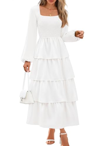 MEROKEETY Women's Summer Fall Long Sleeve Ruffle Tiered Dress 2025 Flowy Layered Square Neck Smocked Maxi Dresses2