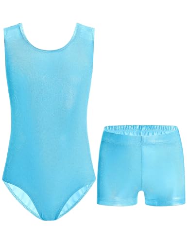Nymphperi Girls Gymnastics Leotards Size 5-6 Years Old Shiny Simple Soft Blue Bodysuits With Sparkly Shorts Suit For Toddler Dance Class cover