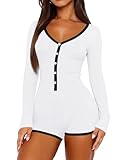 INFITTY Sexy Pajamas for Women Long Sleeve Romper V-Neck Button Down Pajamas Fall Tops 2025 Trendy Sleepwear White S