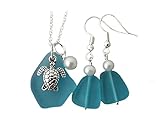 YInahawaii Handmade blue sea glass Necklace+Earrings Set, Natural pearl, sea turtle charm, sea glass earrings, (Hawaii Gift Wrapped, Customizable Gift Message)