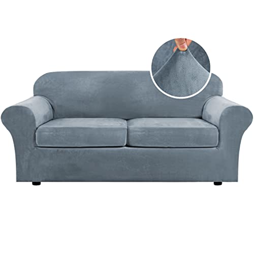 Real Velvet Plush 3 Piece Stretch Sofa Covers Couch Covers For 2 Cushion Couch Sofa Slipcovers (Base Cover Plus 2 Large Cushion Covers) Feature Thick Soft Stay In Place (Large Sofa, Stone Blue) #TOP27