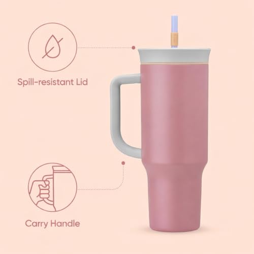 Image of Zephorus Stainless Steel Triple Layer Insulated Travel Tumbler with Spill Resistant Lid, Straw, and Carry Handle, BPA Free, 40 oz, Dusty Pink (Yoga Rose)