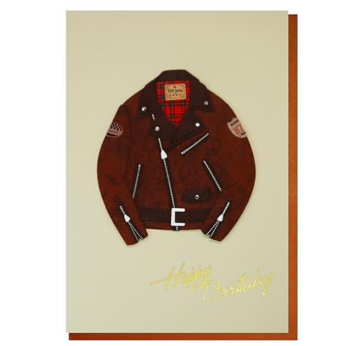 【 バースデー カード 皮ジャン 男性 】 リーフ ワーク カンパニー グリーティング 誕生日 大人向け ハンドメイド 手作り 封筒付き セット メッセージ お祝い プレゼント ギフト おしゃれ 金箔加工 立体 ポップアップカード 3D ミニカード ジャケ