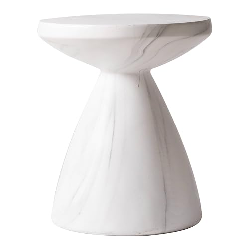 LeisureMod Modern Side Lightweight Fiberstone Top 20” Round Accent Table and Hourglass Pedestal Base for Outdoor, Home, Living Room Dune Series in Marble White