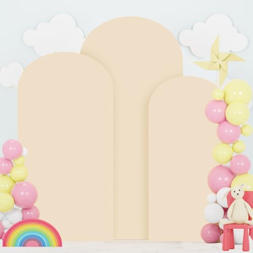 Image of FOTSHARER Beige Spandex Arch Cover 6F 6.6FT 7.2FT Wedding Arch Cover Set of 3 Spandex Fitted Wedding Arch Stand Covers for Birthday Party Round Top Backdrop Covers for Party Bridal Baby Shower