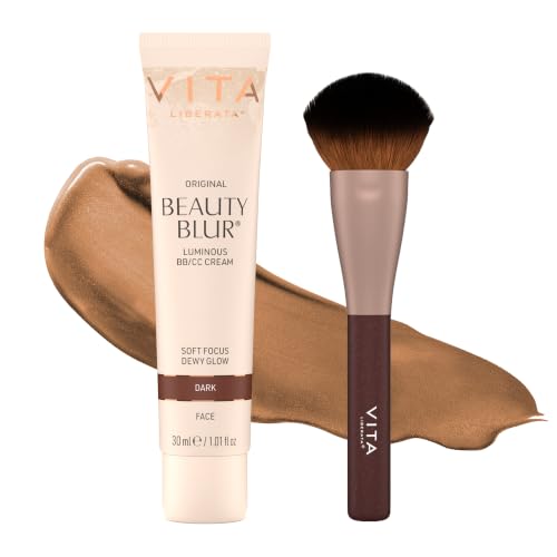 VITA LIBERATA Beauty Blur Dark 30ml & Brush Bundle BB/CC Cream Hydrating complexion booster Radiant Glow & Flawless Finish Colour Corrector Tinted Primer Flawless application blending brush