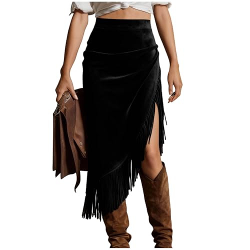 Fringe Faux Suede Vintage Skirt for Women High Waisted...