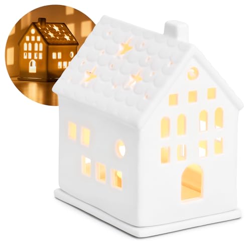 com-four® Teelichthaus aus Porzellan - Häuschen aus mattem Porzellan...