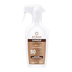 Ecran Sunnique Leche Protectora Solar Broncea+ SPF...: Evita las quemaduras solares y fortalece las defensas antioxidantes de la piel Leche protectora SPF 50 Difusión en spray que permite una aplicación cómoda Resistent al agua Agitar antes de usar