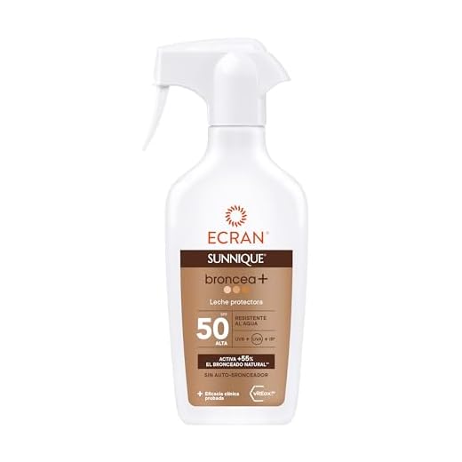 Ecran Sunnique - Leche Protectora Solar Broncea+ SPF 50 en Spray, Protección UVB y UVA, Activa el Bronceado Natural, Sin Autobronceador, con Tecnología PureBronze, Resistente al Agua - 270 ml