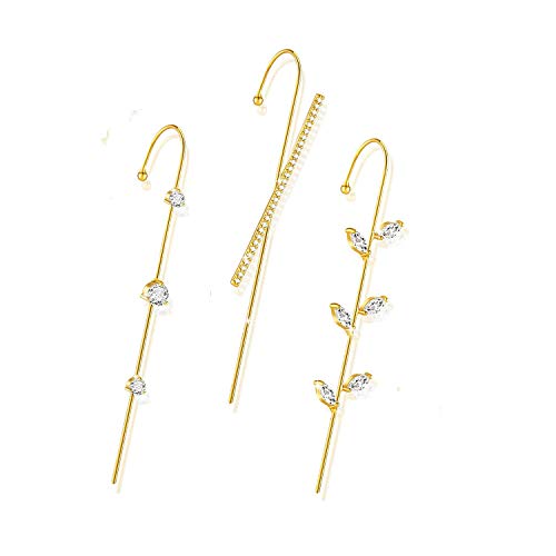 3pcs Ear Wrap Crawler Hook Earrings for Women Girls Classic Pearl Cubic Zirconia Rhinestone Piercing Ear Cuff Crawler Hook Earrings Gold Hypoallergenic Climber Hook Earrings (3pcs -2)