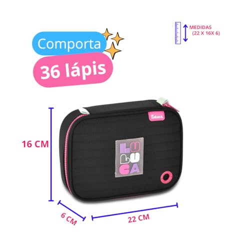 Kit Mochila Luluca Costas Escolar Juvenil Infantil Lancheira E Estojo Chaveiro (PRETO)