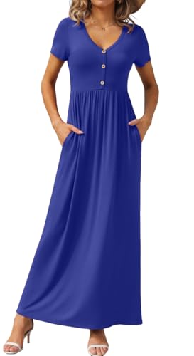 GRECERELLE Womens Long Maxi Dresses 2025 Short Sleeve V Neck Casual Summer Button Dress with Pockets