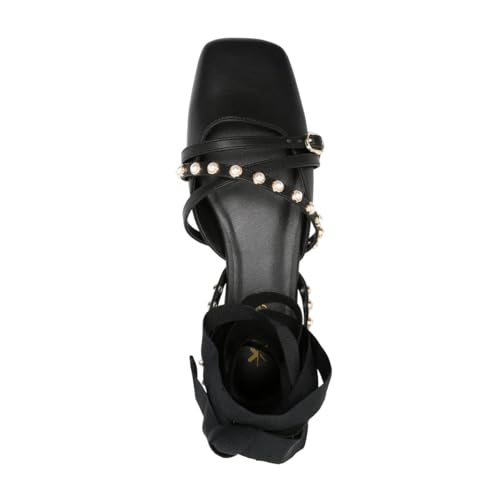 XYD Women Crisscross Straps D'Orsay Flats Square Toe Pearls Lace-up Low Heels Ankle Strappy Chic Casual Event Shoes3