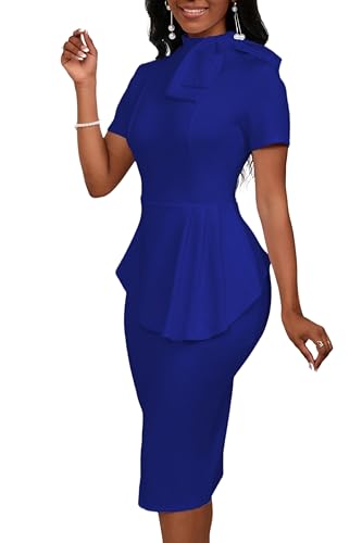 Image of PerZeal Women's Fashion Peplum Bodycon Short Sleeve Work Dresses Bow Club Ruffle Pencil Formal Cocktail Dress