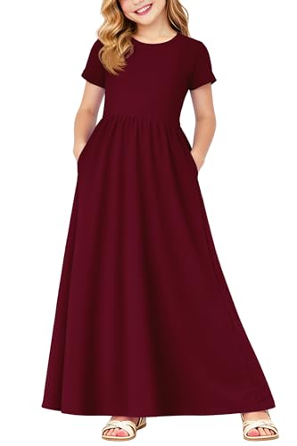 Image of Deerose Girls Maxi Dress Short Sleeve Casual Long Dresses with Pockets 5-14 Years