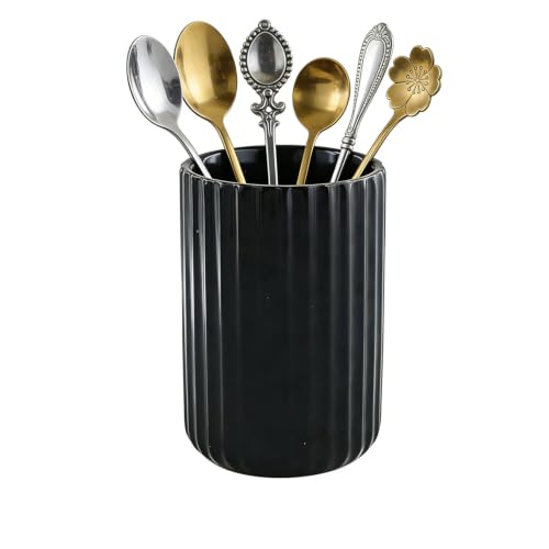 DBZQSCW Elegant Fluted Vertical Stripe Stoneware Utensil Holder - Organiser for Coffee Spoons, Tea Stirrers, Straws & Stir Sticks | Ideal Spoon Rest for Coffee Bar & Tea Station (Matte Black)