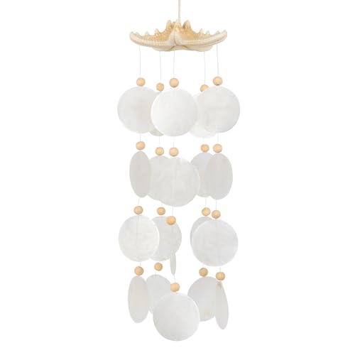 Seashells Wind Chimes - Handcrafted White Capiz Shells Windchime with Starfish, Bohemian & Coastal Style Decor for Indoor/Outdoors, Garden Decor, Great Gift for Women, Wind Chimes Lovers and More