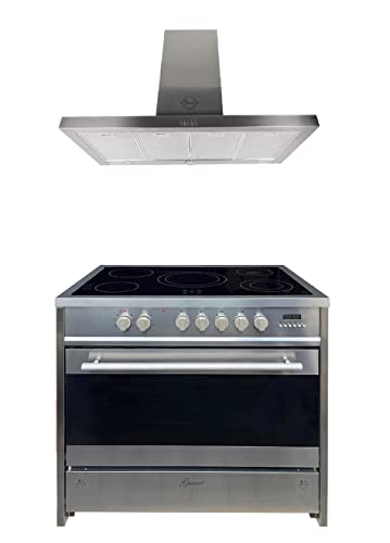 GURARI Juego de cocina GCH E 912 X + GCH F 118 120 IS, horno eléctrico de pie de 90 cm, vitrocerámica, Range Coocker, 121 L, acero inoxidable + campana extractora, campana de pared de 120 cm, 1000 m3