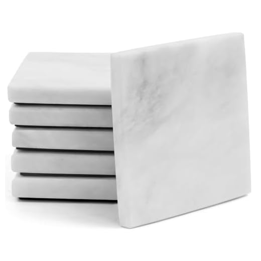 Coaster Set of 6 White Handmade Marble 3.5 Inch Bar Drink Cup Pad, Coffee Mug Square Coasters Set for Kitchen - Ideal Pot Drinks Tea Absorbent Coaster Plates