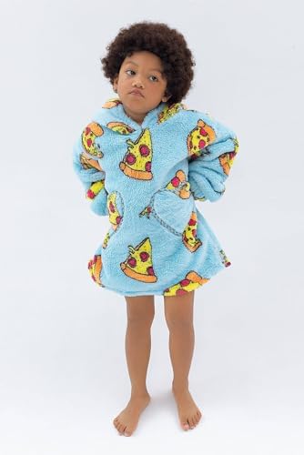 Adisputent Kids Blanket Hoodie Snuggle Oversized Sherpa Blanket Toddlers Boys Girls Super Soft Cozy Fleece Fluffy Blanket Hooded Wearable Blanket With Pockets 2-15 Years Blue Pizza