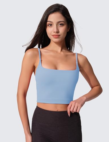 Image of Womens Scoop Neck Longline Sports Bra U Back Adjustable Strap Double Lined Workout Crop Tank Top with Built in Pads
