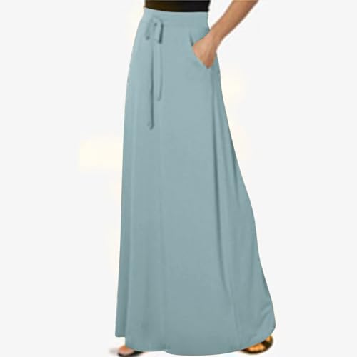 Womens Maxi Skirt Elastic Basic Solid Tie Dye Foldable High Waisted Midi Length Plus Size A-Line Skirts with Pockets(Light Blue,XX-Large)3