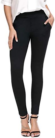 Bamans Women's Skinny Leg Work Pull on Slim Stretch Yoga Dress Pants w/Tummy Control (Black, Medium Petite)