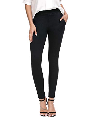 Bamans Women's Skinny Leg Work Pull On Slim Stretch Yoga Dress Pants W/Tummy Control (Black, Medium Petite) #TOP12