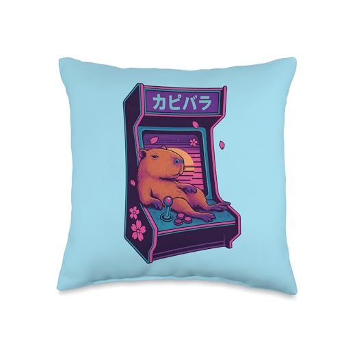 Capybara Relaxing in Retro Arcade Cabinet Artwork Throw Pillow