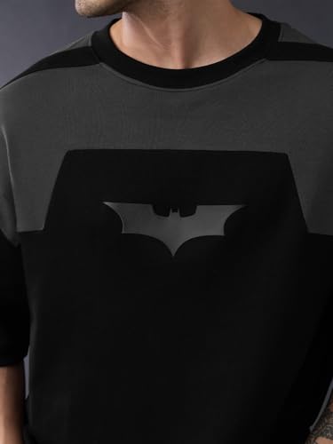 Image of The Souled Store Batman: Dark Knight Men and Boys Short Sleeves Round Neck Black Graphic Printed Drop Shoulder Casual Streetwear Cotton Super Oversized T-Shirt
