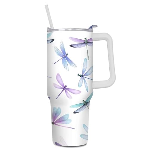 01coin 40 oz Dragonfly Tumbler with Handle and Straw Travel Mug Water Bottle, Stainless Steel Insulated Coffee Cup with Lid and Straw, Birthday Gifts