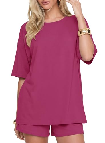 Image of Darong Women's 2 Piece Shorts Set Loungewear | oversized tshirts,crew neck top,drawstring shorts,elastic waist, side pockets,summer travel outfits
