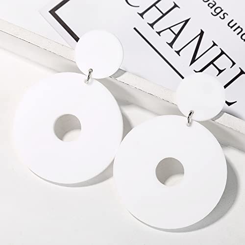 White Hollow Round Acrylic Earrings Dangle Cute Statement 70S 80S Drop Resin Hypoallergenic Geometric Retro Fashion Hoop Simple Earring For Women Teen Girls Jewelry (White) #TOP2
