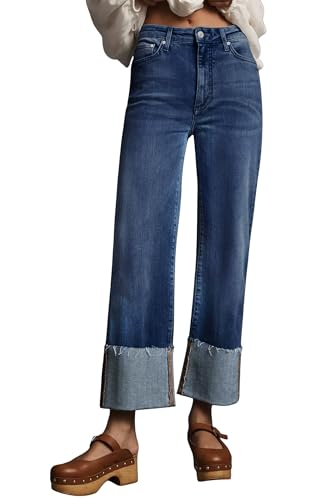 Lesore Womens Jeans Fashion Casual Autumn High Waist Washed Denim Wide Leg Straight Leg Jeans Pants with Cuffed Hem Deepsea Blue 6