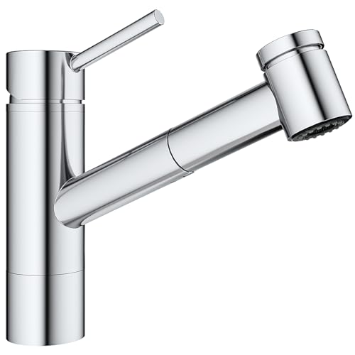 APPASO Kitchen Tap, High Pressure Kitchen Taps Mixer with Pull Out Spray 2 Modes, Single Handle Low Arch Kitchen Sink Taps 1 Hole for Standard Fittings, Polished Chrome & Solid Brass