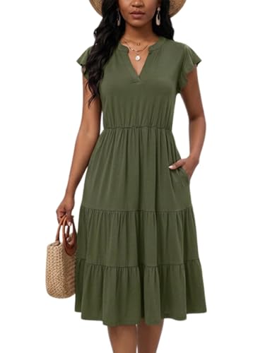 Image of Womens Summer Dress Ruffle Sleeve V Neck Midi Dresses Casual Fit Flowy Tiered Boho Beach Vacation Sundress