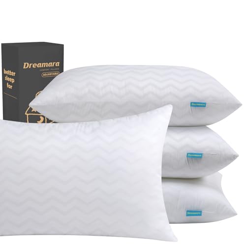 Dreamara Juego de 4 almohadas tamaño Queen, almohadas de la colección de hotel con loft ajustable y cremallera, relleno alternativo de plumón esponjoso y de apoyo, adecuadas para personas que duermen