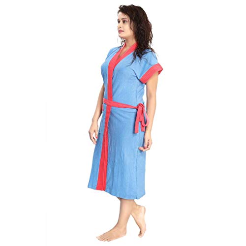 Image of bathrobes terry cotton free size bathrobe for women, bathsuit fit up to 42 inches chest size ladies - Red Strip Blue bathrobe